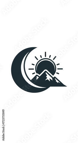 Crescent moon and sun over mountain peak, symbolizing balance and nature's cycles.