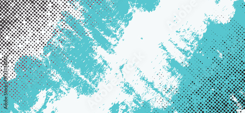 A dynamic digital graphic showcases a bright turquoise brushstroke texture contrasted with a stark black halftone pattern, creating a modern and artistic design element with a retro feel