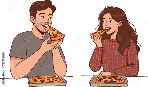 Happy young couple eating delicious pepperoni pizza together at home, enjoying casual meal time, smiling and bonding over food, flat vector illustration