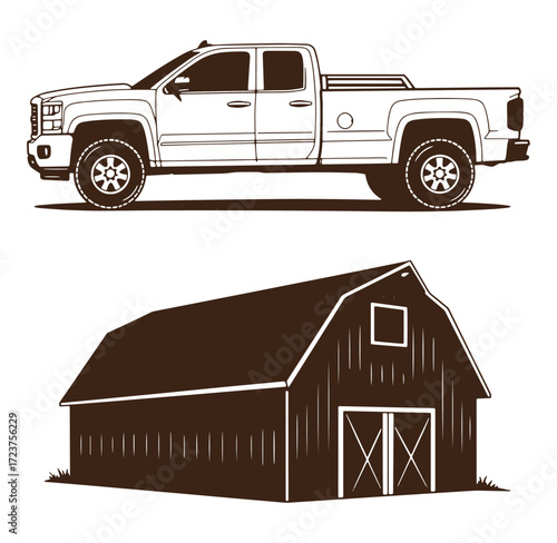 Rustic illustration of a pickup truck and a barn building on a white background