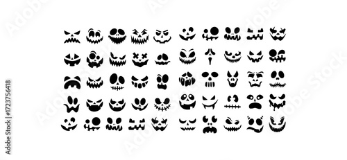 Diverse black Halloween face designs, ideal for pumpkin carving stencils and spooky decorations, showcase menacing and funny expressions on a clean white background
