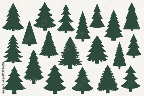 Vector set of Christmas trees in simple flat style. Evergreen conifer silhouettes for winter holiday decoration, seasonal design, poster, or greeting card.