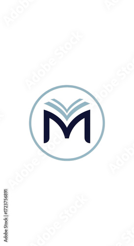 Abstract logo symbol featuring an open book and a stylized letter M