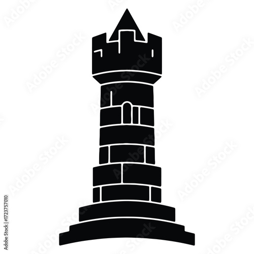 Black Silhouette of Medieval Castle Tower Stronghold Isolated on White Background