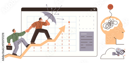 Two people climbing arrow chart, one protecting with umbrella, cognitive head, camera Ideal for teamwork, leadership, problem-solving, success, innovation strategy security. Simple flat metaphor