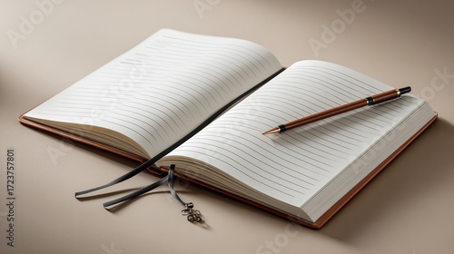 Open lined notebook with a brown and black pen resting on the pages, texture of paper and stationery setup for writing, note-taking, planning, or journaling in a minimalistic style