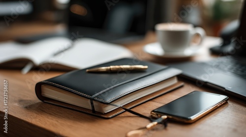 Wallpaper Mural Modern workspace with a closed black leather notebook, golden pen, open book, smartphone, laptop, and a white coffee cup on a wooden desk for office or productivity themes Torontodigital.ca
