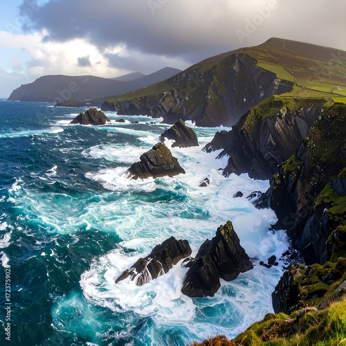 Dramatic coastal landscape with crashing waves