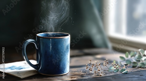 Steaming hot coffee in a deep blue ceramic mug placed on a wooden table with green eucalyptus leaves and a letter, illuminated by natural daylight through a nearby window