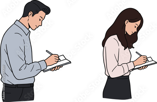 Man and woman writing notes, professional colleagues taking information, office teamwork communication concept, business people working together, flat vector illustration, corporate drawing