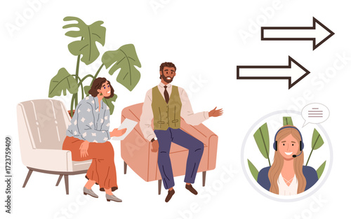 Two colleagues seated in a casual meeting space discussing ideas while consulting an online customer support agent. Ideal for teamwork, remote communication, support service, collaboration, workplace