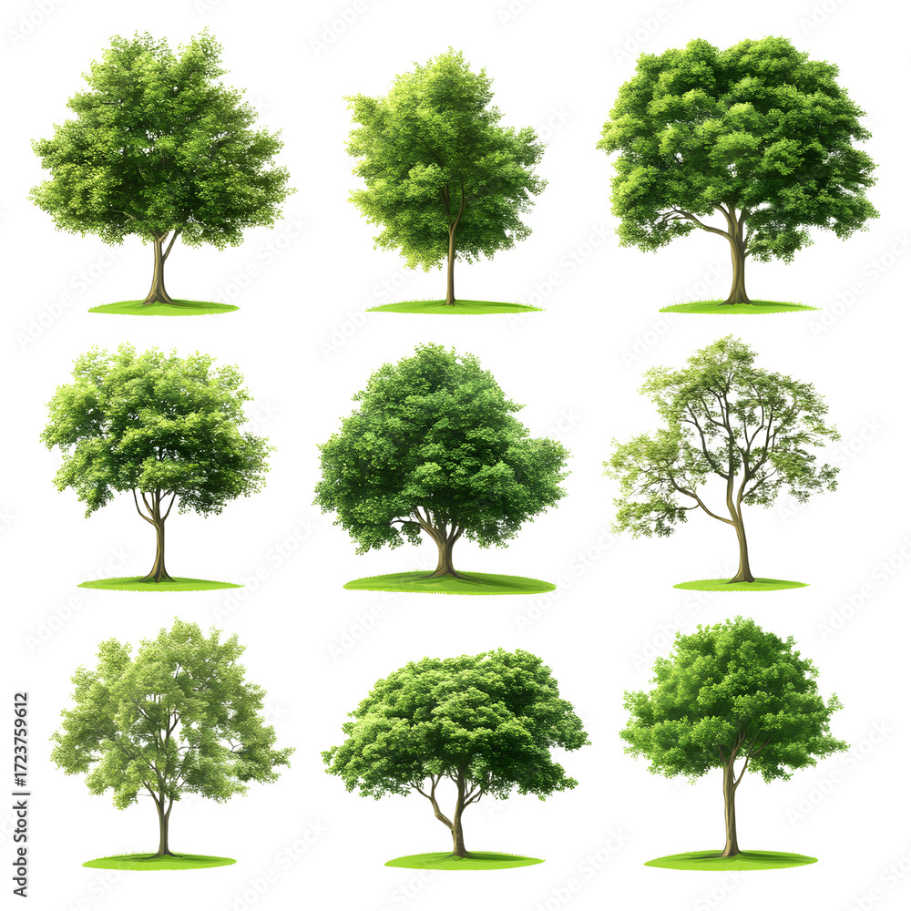 Fototapeta premium Vibrant Green Trees Collection Isolated on Transparent Background for Nature Designs
