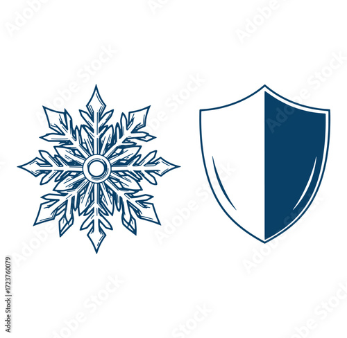 Snowflake emblem and shield design representing winter safety and protection isolated on white