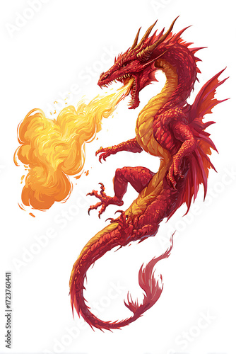 Majestic red dragon breathing fire, soaring above a fantasy landscape with clouds