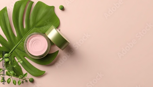 Wallpaper Mural Pink cosmetic cream jar placed on a large green monstera leaf. Torontodigital.ca