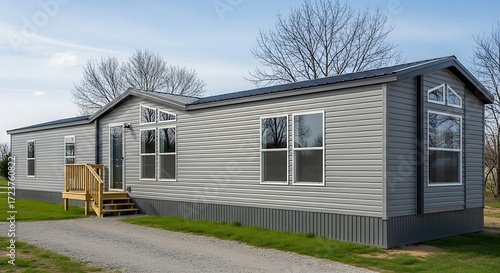 Modern Manufactured Home with Gray Siding and Landscaped Yard.