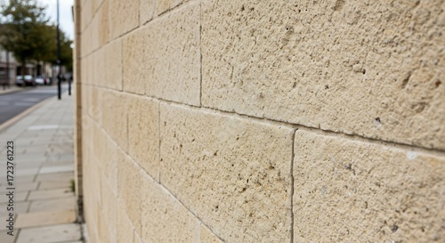 Image of a tiled beige stone wall a sidewalk and a street as background natural stone wall texture as background. close-up of a wall clad in limestone