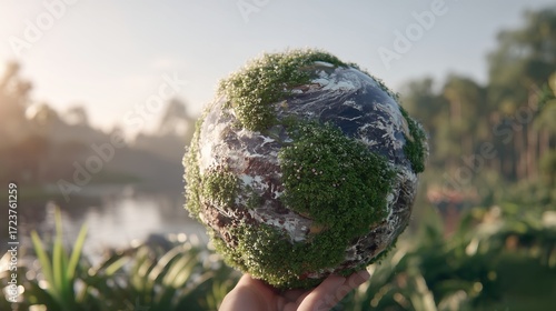 Caring Hand Holding Miniature Planet Earth with Vibrant Ecosyste