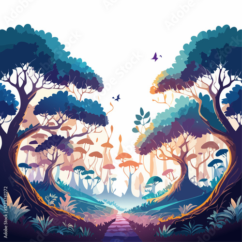 Enchanting Fantasy Forest Path with Colorful Trees and Mushrooms.