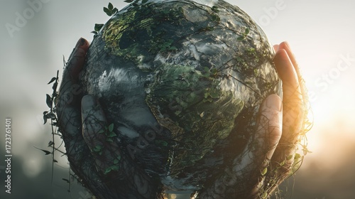 Human Hands Cupping Earth with Green Vines, Environmental Protec
