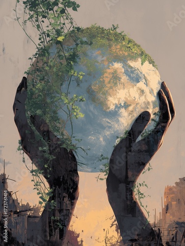 Hands Holding Earth with Lush Greenery Over Dystopian Background