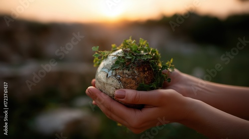 Hands Holding Green Earth Globe with Sprouting Plants at Sunset