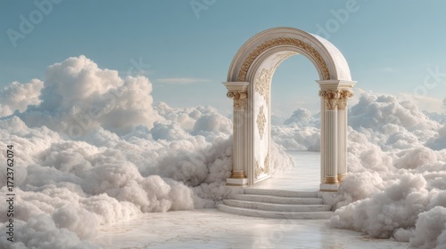 Elegant arched gateway above clouds with golden details