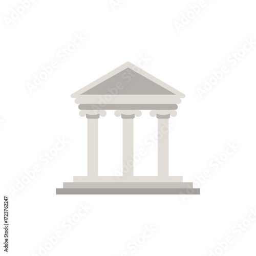 Flat illustration of a classical building with columns and triangular roof, symbolizing bank, museum, government, law, history, architecture, and culture in a minimalist graphic style.