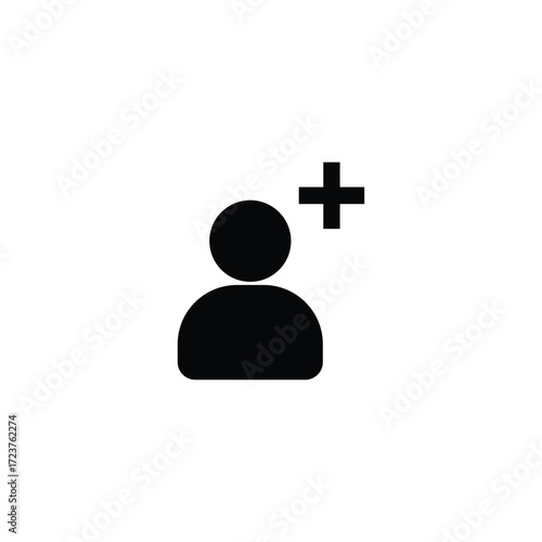 Black user icon with a plus sign on a white background, symbolizing add friend, new contact, join, social connection, membership, account creation, and community in a simple flat graphic style.