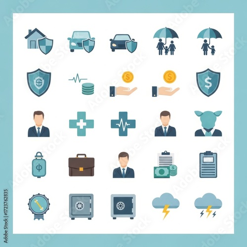 Collection of diverse icons representing insurance, finance, and protection services.