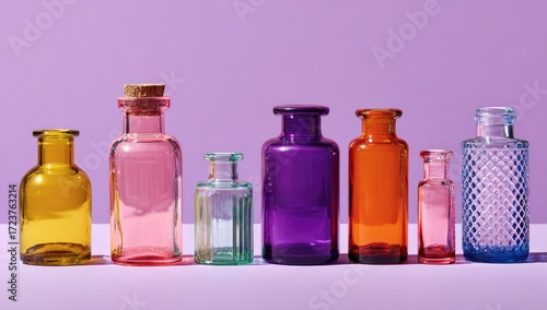 A vibrant collection of colorful glass bottles arranged in a row against a solid purple background.