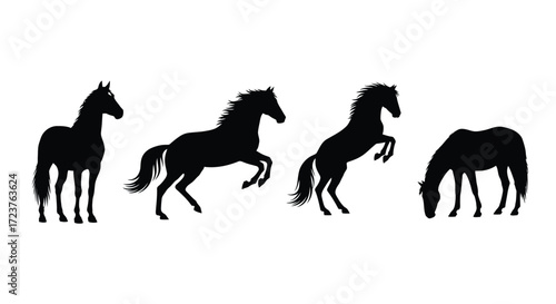 Four dynamic silhouette horse poses isolated on for graphic design vector