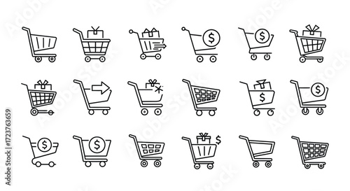 Collection of hand-drawn shopping cart icons representing e-commerce online shopping and retail business vector