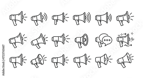 Collection of hand-drawn megaphone icons communicating sound waves and speech bubbles for announcements vector