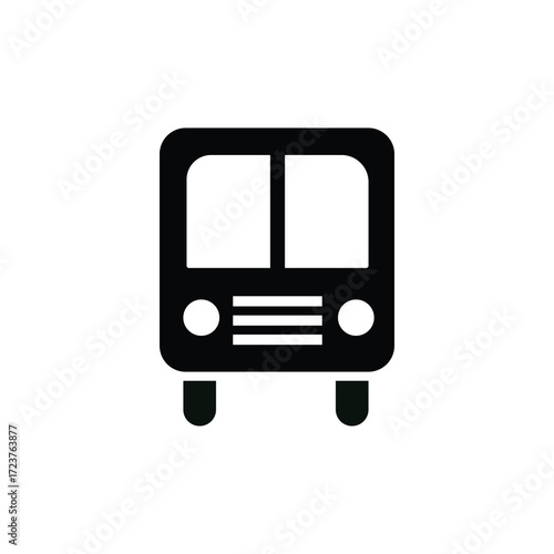 Front view of a black bus icon isolated on white background, representing transportation, travel, and urban commuting