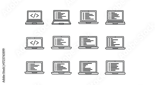 Collection of laptop icons displaying code snippets for programming and development concepts vector