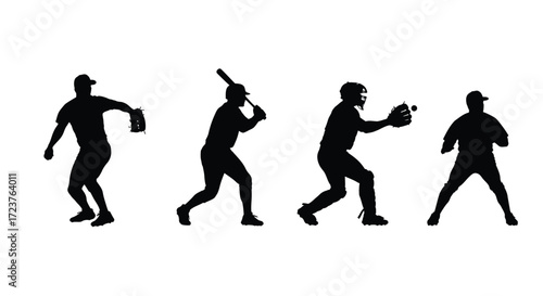 Baseball player silhouettes dynamic actions set catching pitching batting fielding sports vector