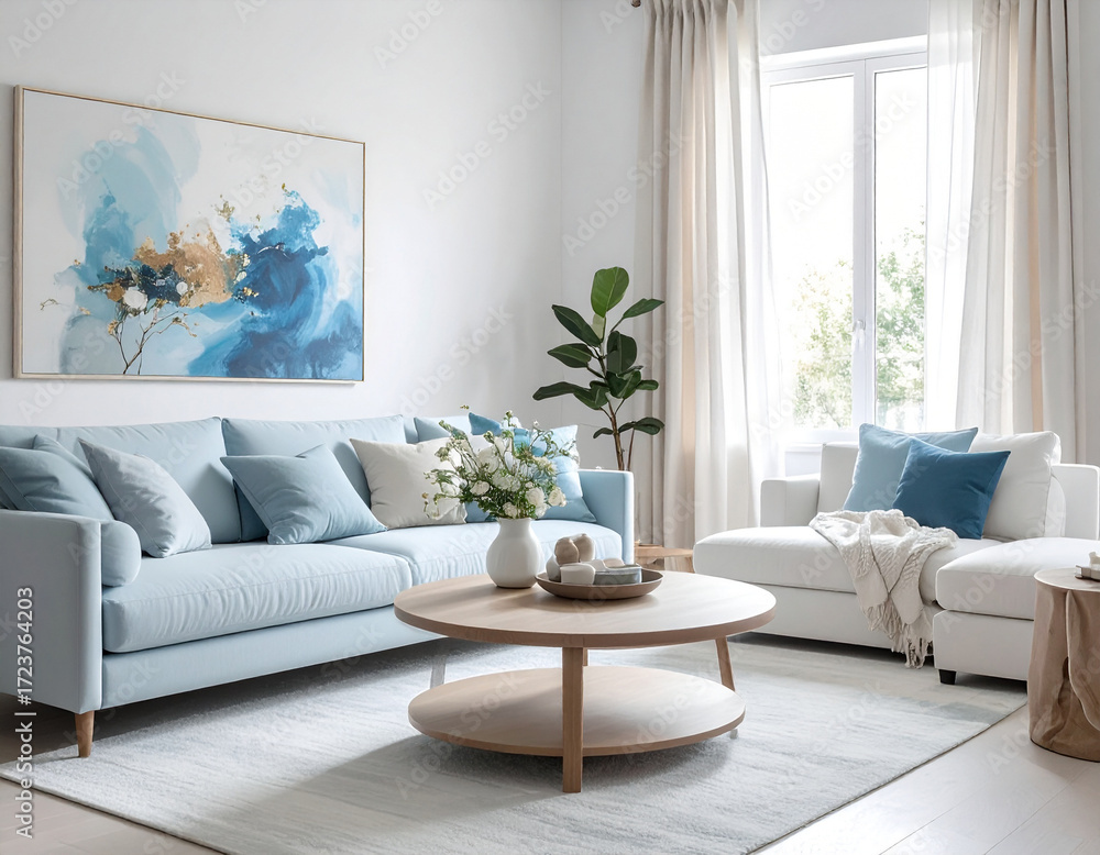 Fototapeta premium Modern living room with white and light blue accents cozy decor bright atmosphere contemporary design inviting space for relaxation