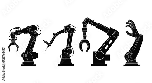 Industrial robotic arms silhouettes showcasing automation and advanced manufacturing technology vector