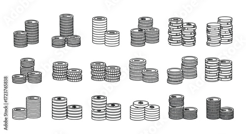 Hand drawn coin stacks collection vintage money symbols business finance wealth concept vector
