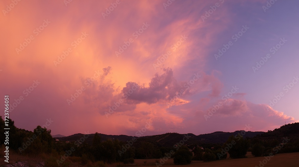 Obraz premium peace. A breathtaking sunset sky panorama with vibrant warm hues and glowing clouds. inspiring travel planning, travel magazines, designed for travel destination branding, inspires travel planning.