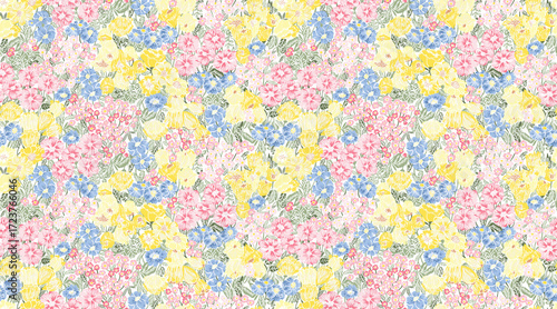 Colorful ditsy floral seamless pattern in a vintage style. Dense botanical background with pink, yellow, and blue hand-drawn flowers for romantic fabric, wallpaper, and home decor.