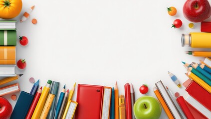 Back to school supplies arranged in a border around a blank space