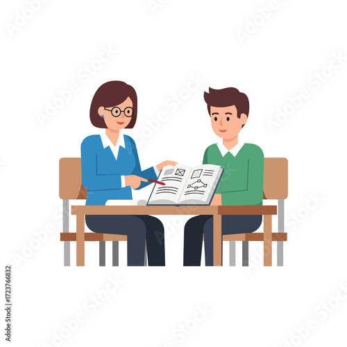 Flat Illustration of Teacher Explaining Lesson to Student in Classroom