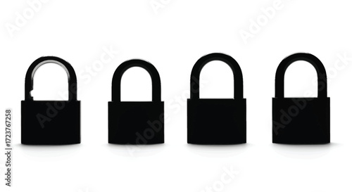 Four identical black padlocks lined up in a row showing security and protection vector