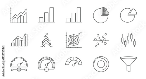 Collection of hand-drawn icons representing financial data analytics and business metrics vector