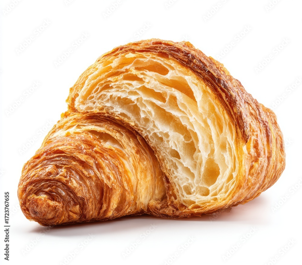 Fototapeta premium Close-up of a golden-brown croissant, sliced open, revealing light-yellow interior