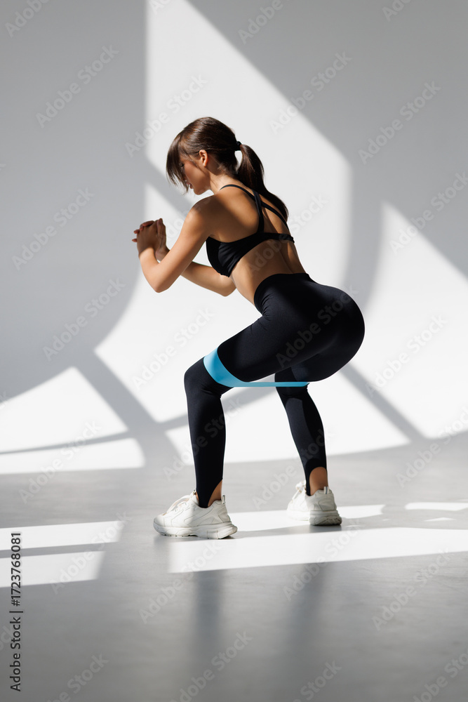 Obraz premium Woman exercising with elastic resistance band on white background. Back view.