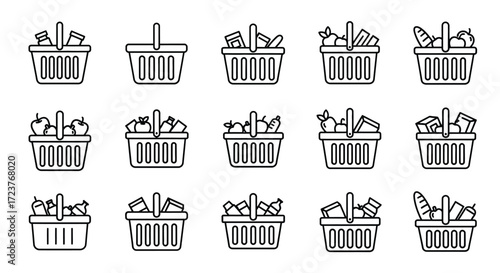 Set of fifteen shopping basket icons representing groceries and food items in a hand-drawn style vector