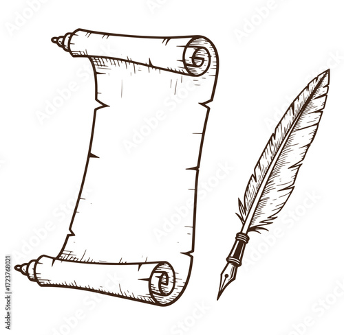 Vintage hand drawn scroll and feather pen illustration on white background